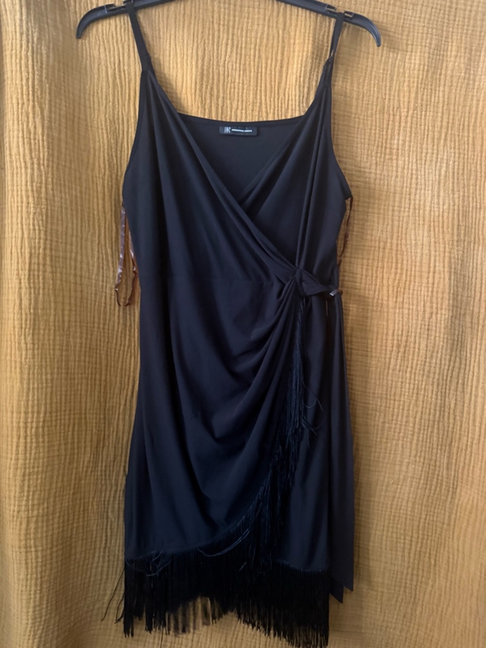 INC International Concepts Black Fringe Wrap Mini Dress
